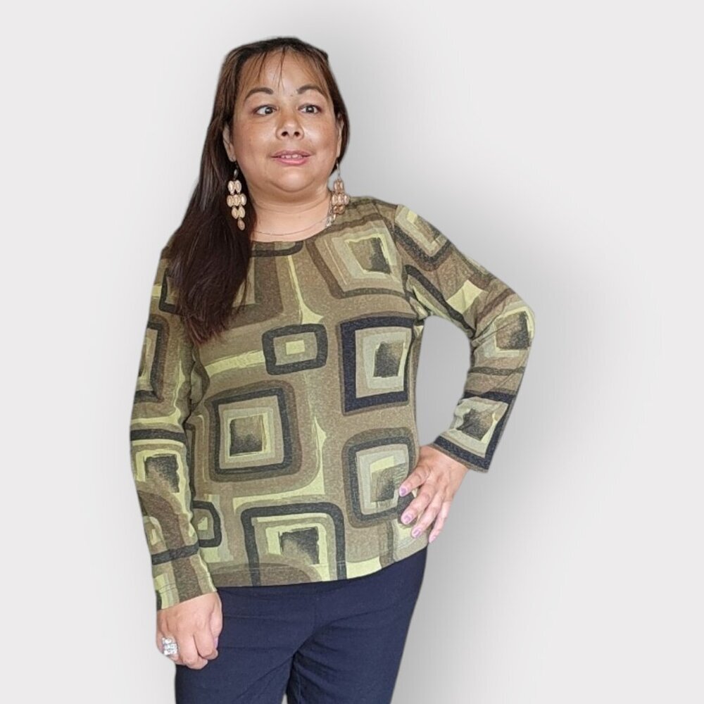 ❤️SIMON CHANG WOMENS GREEN AND BROWN SIZE MEDIUM BLOUSE